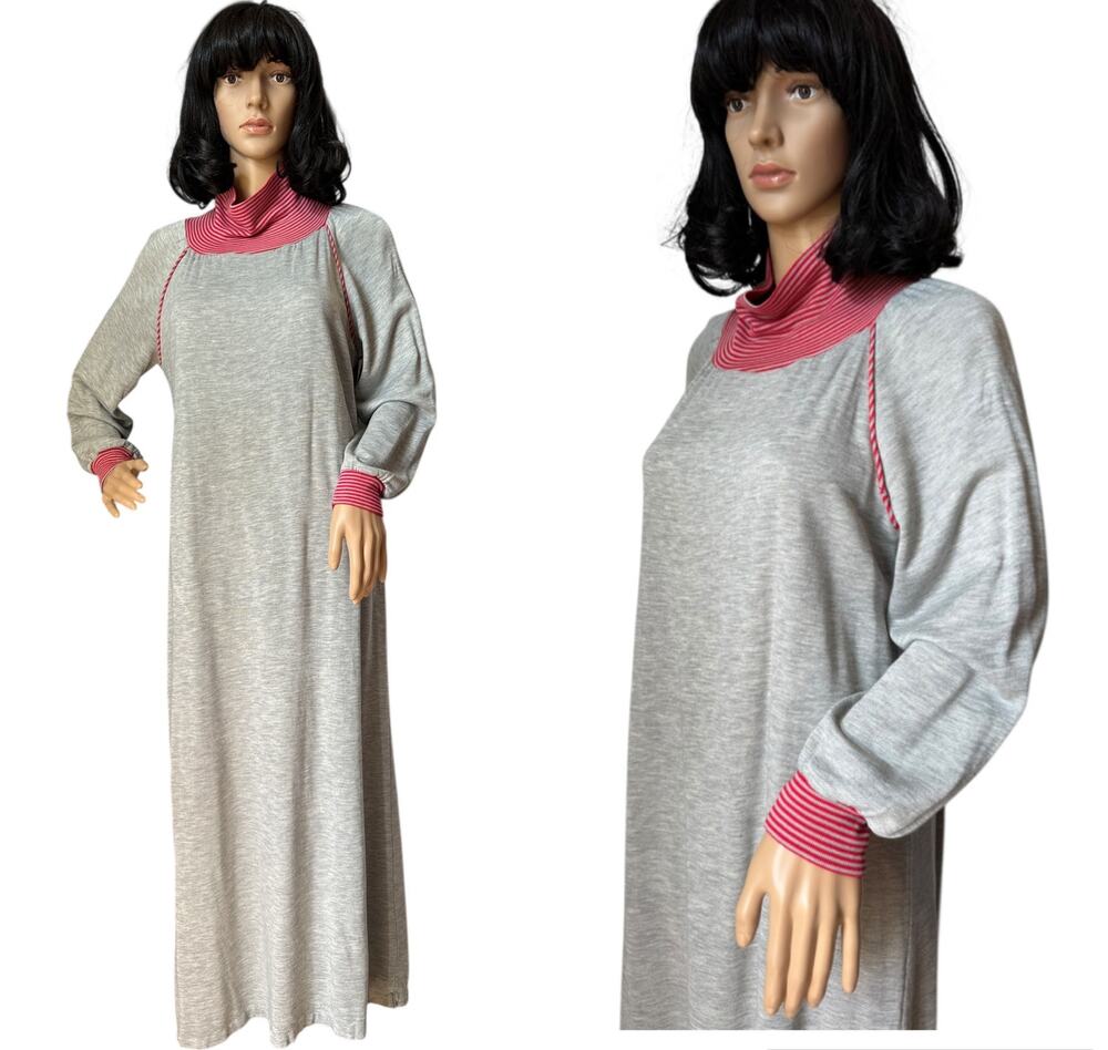 1970s Sears JR Bazaar turtleneck maxi dress sleeved gray red medium